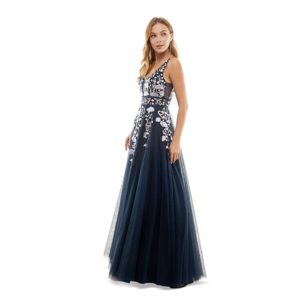 SAY YES TO THE Womens Navy V Back Tulle Lined Sleeveless Formal Dress 1 - Picture 3 of 3